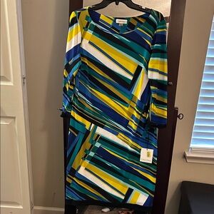 Calvin Klein Striped Geometric Midi Dress in Blue, Teal, Yellow & White